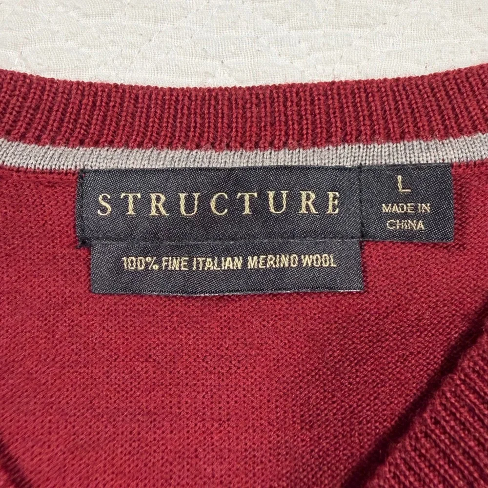 Structure V-Neck‎ Sweater Mens L Burgundy 100% Italian Merino Wool Classic NWOT